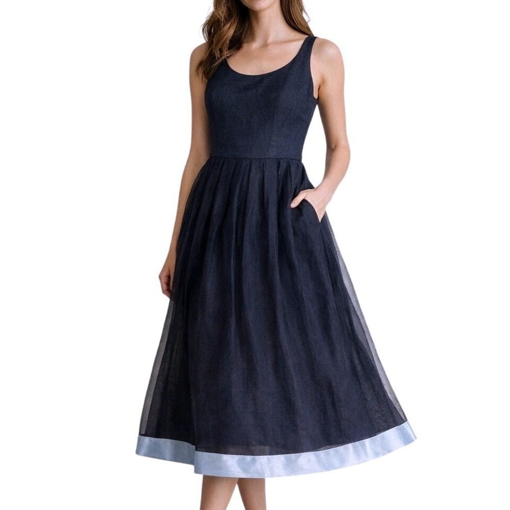 Geary Roark Linen Silk Midi Dress Navy A-Line 8 Vintage Wedding Event Classic